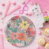 かわいいガーリーピンクのフローラ手描きデザイン ペーパープレート (パーティー)