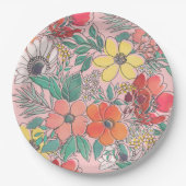 かわいいガーリーピンクのフローラ手描きデザイン ペーパープレート (正面)