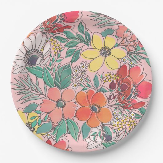 かわいいガーリーピンクのフローラ手描きデザイン ペーパープレート (正面)