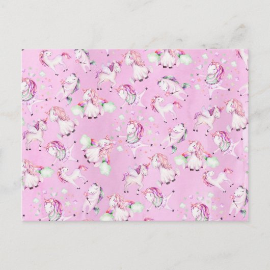 かわいいガーリーピンクのユニコーン虹の水色 ポストカード (正面)