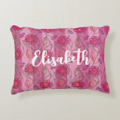 かわいいガーリーピンクの花パタストライプのーン名を追加 アクセントクッション (正面)