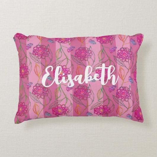 かわいいガーリーピンクの花パタストライプのーン名を追加 アクセントクッション (正面)