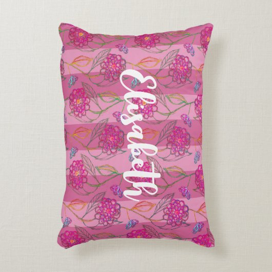 かわいいガーリーピンクの花パタストライプのーン名を追加 アクセントクッション (正面(垂直))
