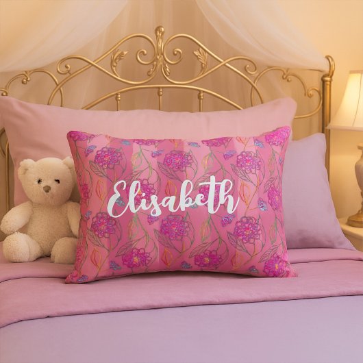 かわいいガーリーピンクの花パタストライプのーン名を追加 アクセントクッション