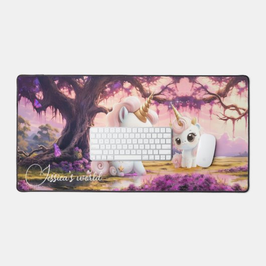 かわいいガーリーピンクの魔法のユニコーン デスクマット (キーボード&マウス)