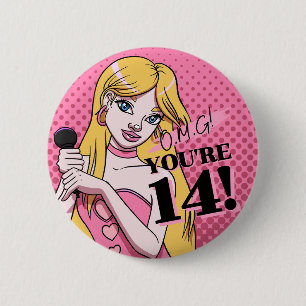 かわいいガーリーピンクシンガー10代の14誕生日 缶バッジ
