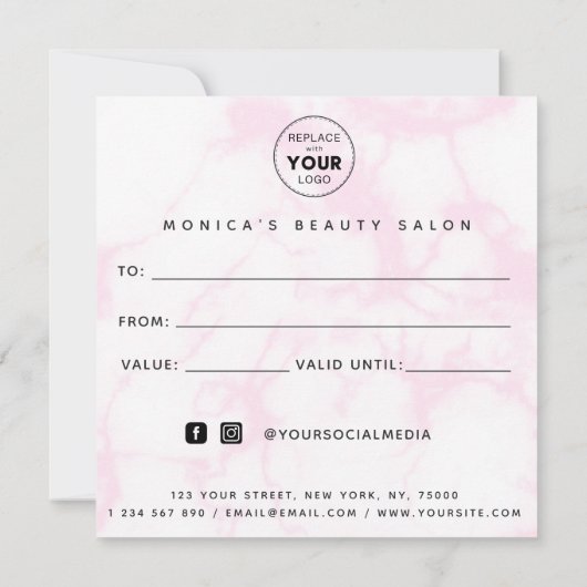 かわいいガーリーピンクパステルマーブル美しいサロンロゴ (裏面)