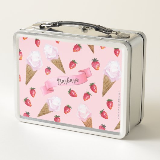 かわいいガーリーピンクパーソナライズされたのイチゴのアイスクリーム メタルランチボックス (裏面)