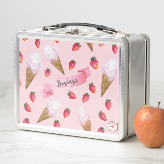 かわいいガーリーピンクパーソナライズされたのイチゴのアイスクリーム メタルランチボックス (インサイチュ)