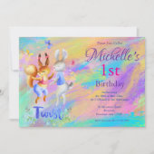 かわいいガーリーピンク踊りウサギ1歳の誕生日パーティー 招待状 (正面)