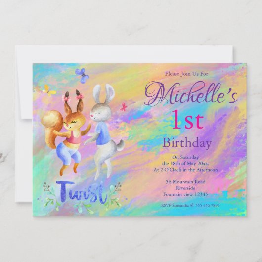 かわいいガーリーピンク踊りウサギ1歳の誕生日パーティー 招待状 (正面)