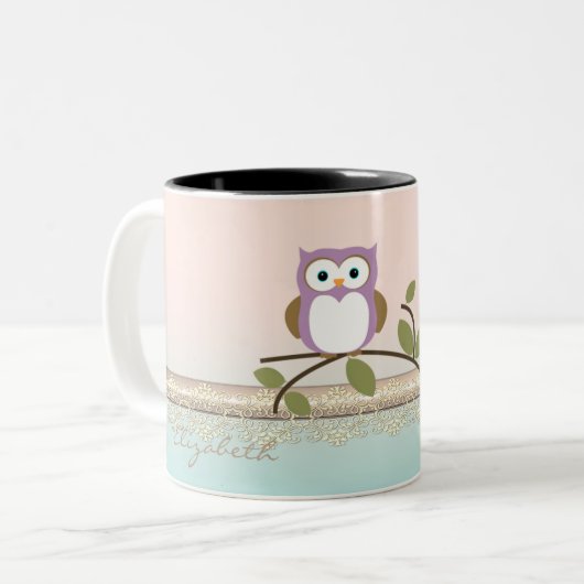 かわいいガーリーフクロウパーソナライズされた。 ツートーンマグカップ (正面左)