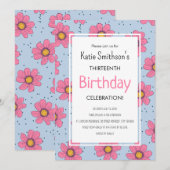 かわいいガーリーフラワーパステルピンク&ブルー誕生日Inv 招待状 (正面/裏面)