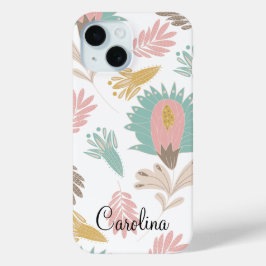 かわいいガーリーフローラのボモノグラムのタン iPhone 15ケース