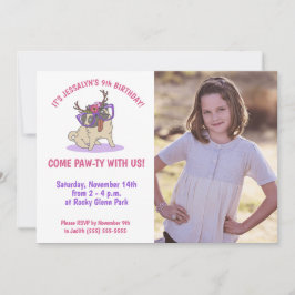 かわいいガーリーボホフローラパグパープルグラス誕生日 招待状