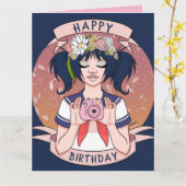 かわいいガーリーマンガ自撮りガールカメラ誕生日 カード (黄色い花)
