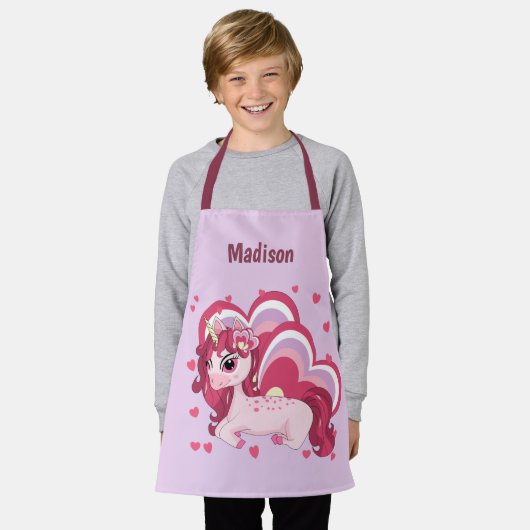 かわいいガーリーユニコーンのパーソナライズされた子供の名前 エプロン (着用した状態)