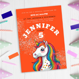 かわいいガーリーユニコーンウマオレンジレッドグリッター星 招待状