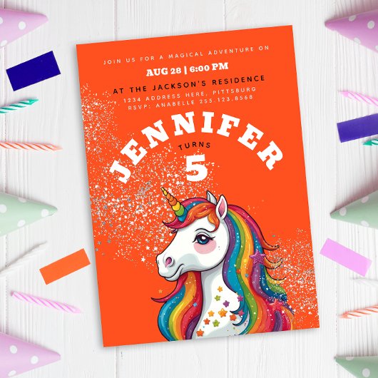 かわいいガーリーユニコーンウマオレンジレッドグリッター星 招待状
