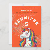 かわいいガーリーユニコーンウマオレンジレッドグリッター星 招待状 (正面)