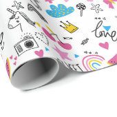 かわいいガーリーユニコーン虹のハートお洒落 ラッピングペーパー (ロールコーナー)