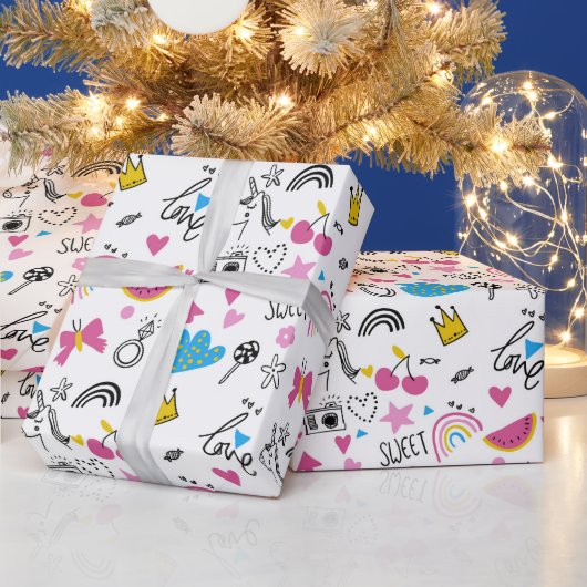かわいいガーリーユニコーン虹のハートお洒落 ラッピングペーパー (クリスマス)