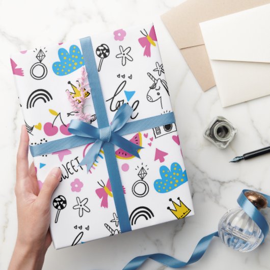 かわいいガーリーユニコーン虹のハートお洒落 ラッピングペーパー (ギフト)