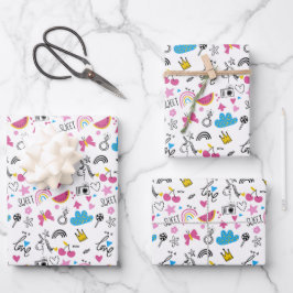 かわいいガーリーユニコーン虹のハートパタカラフルーン ラッピングペーパーシート