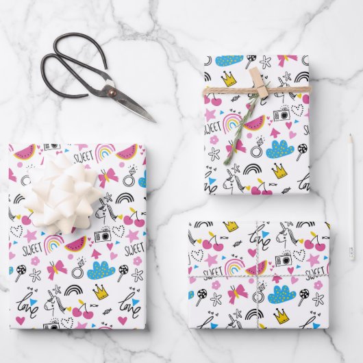 かわいいガーリーユニコーン虹のハートパタカラフルーン ラッピングペーパーシート (正面)