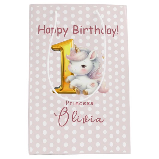 かわいいガーリーユニコーン1歳の誕生日 ミディアムペーパーバッグ (正面)