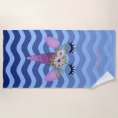 かわいいガーリーユニコーン，ネイビーブルーグラデーションウェーブ ビーチタオル (正面)