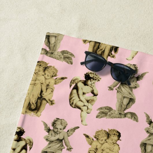 かわいいガーリーヴィンテージベビーキューピッドエンジェルズピンク ビーチタオル (インサイチュ)