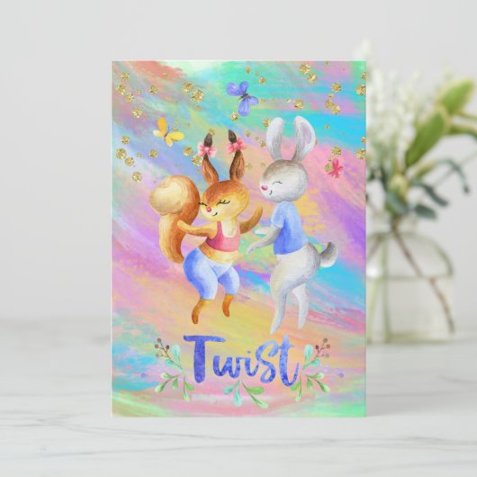 かわいいガーリー森林動物社交ダンス踊り 招待状 (スタンド正面)