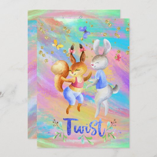 かわいいガーリー森林動物社交ダンス踊り 招待状 (正面/裏面)