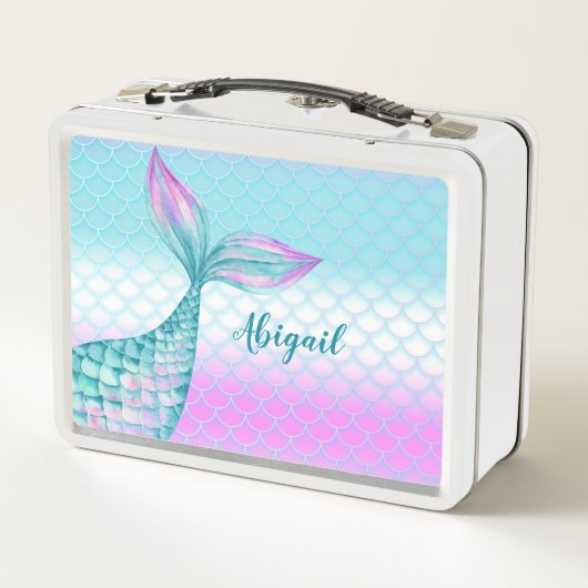 かわいいガーリー紫ティール（緑がかった色）人魚テールはかりで測魚 メタルランチボックス (裏面)