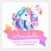 かわいいガーリー虹の一角水彩と名前 スクエアシール (正面)