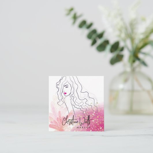 かわいいガーリー赤面ピンクスパークリーグリッターメイクアップQR スクエア名刺 (スタンド正面)