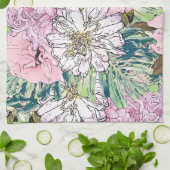 かわいいガーリー赤面ピンク&ホワイトフローライラストレーション キッチンタオル (折り畳み)