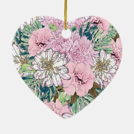 かわいいガーリー赤面ピンク&ホワイトフローライラストレーション セラミックオーナメント (裏面)