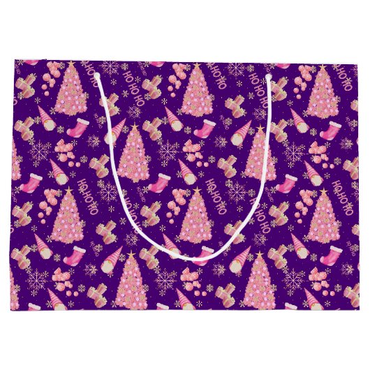 かわいいガーリー金ゴールドインディゴピンクのクリスマスツリーパターン ラージペーパーバッグ (裏面)