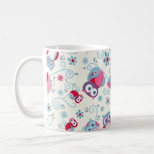 かわいいガーリー顔はフクロウの花を渦巻く コーヒーマグカップ (左)