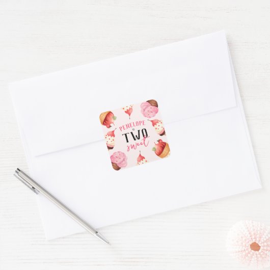 かわいいガーリー2つの甘いアイスクリーム誕生日 スクエアシール (封筒)