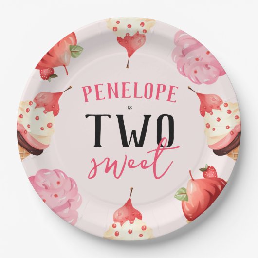 かわいいガーリー2つの甘いアイスクリーム誕生日 ペーパープレート (正面)
