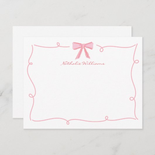 かわいいガーリー ピンクの蝶結び ウェーブボーダー 便箋 ノートカード (正面/裏面)