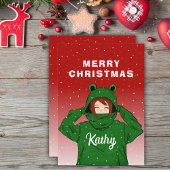 かわいいガールとグリーンカエルフード付きスウェットシャツスケッチクリスマス シーズンカード