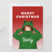 かわいいガールとグリーンカエルフード付きスウェットシャツスケッチクリスマス シーズンカード (正面)