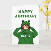 かわいいガールウィンググリーンカエルフード付スケッチ誕生日 カード (黄色い花)