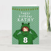 かわいいガールウィンググリーンカエルフード付スケッチ誕生日 カード (正面)