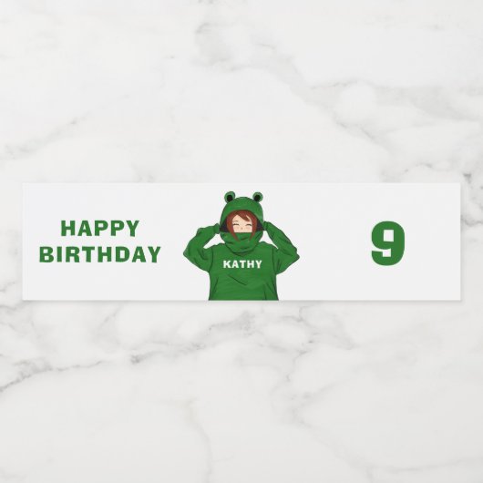 かわいいガールウィンググリーンカエルフード付スケッチ誕生日 ペットボトルラベル (シングルラベル)