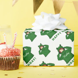 かわいいガールウィンググリーンカエルフード付スケッチ誕生日 ラッピングペーパー